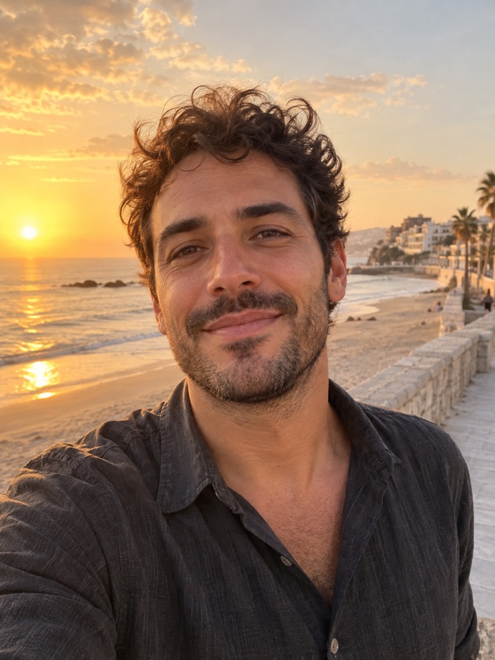 A traveler smiling by the coast, illustrative front-camera view