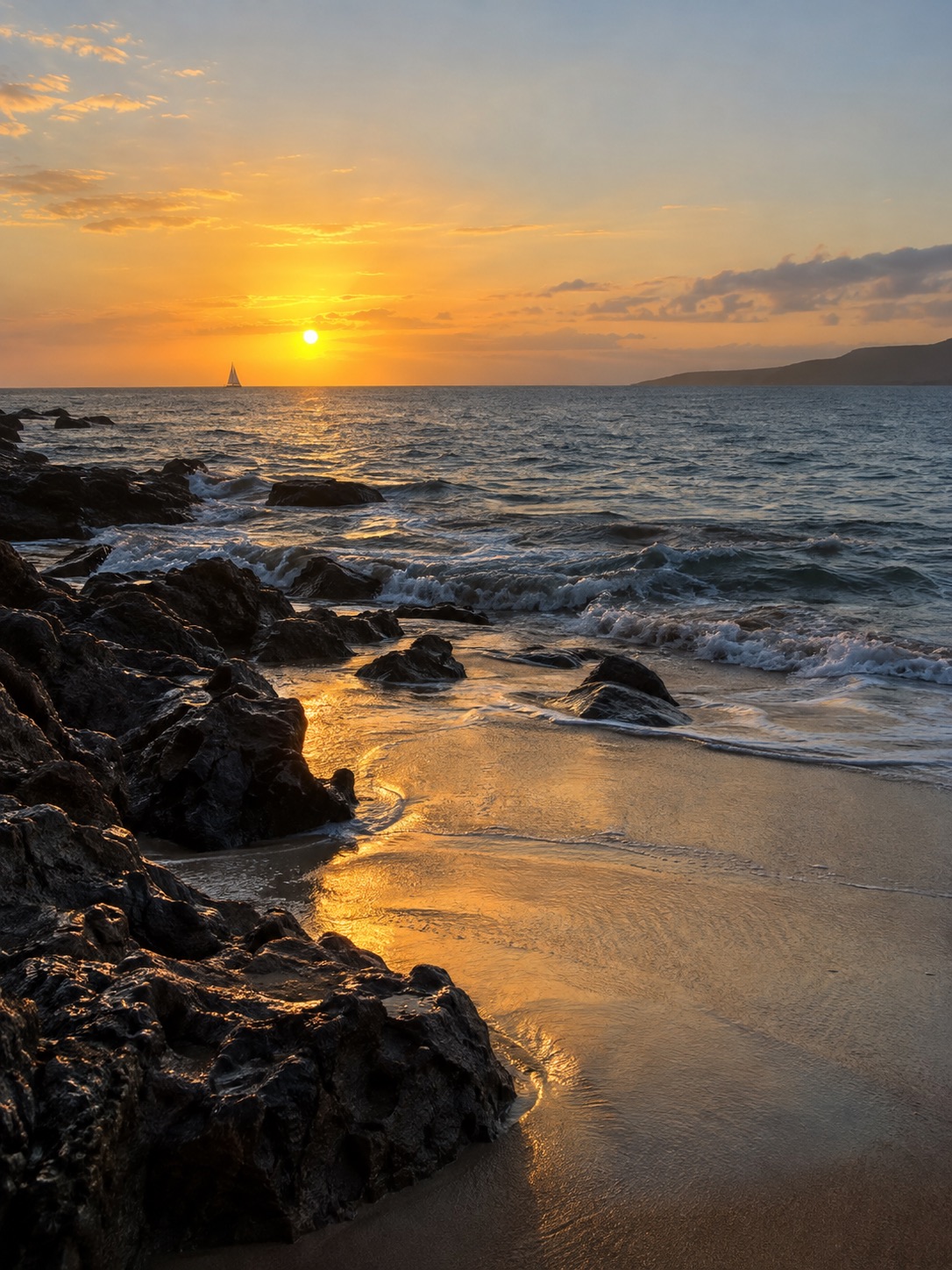 Golden sunset over a rocky beach, illustrative rear-camera view